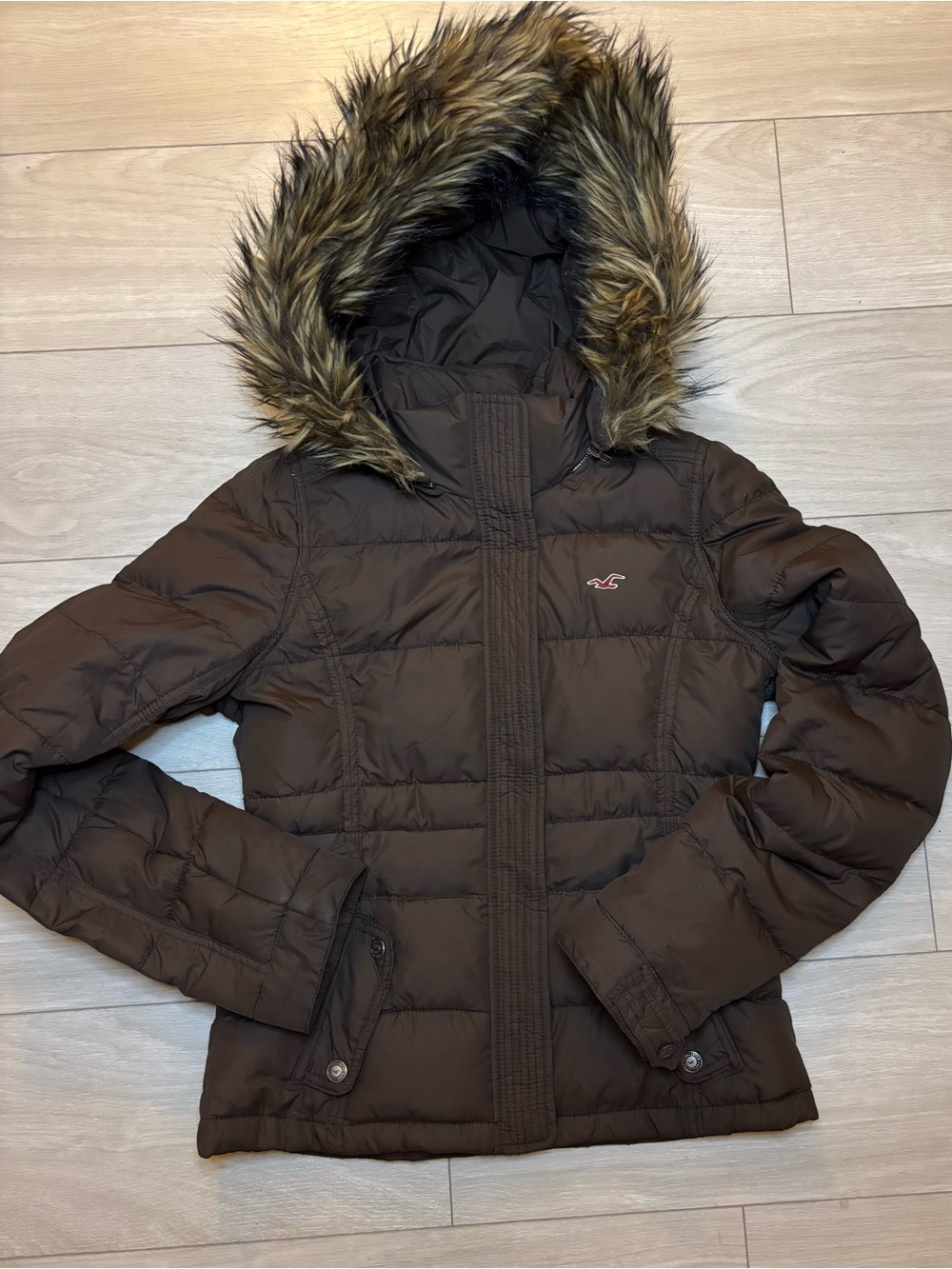 Vintage Y2K Hollister Chocolate Brown Down Puffer Jacket w/ Faux Fur Hood Sz. LG